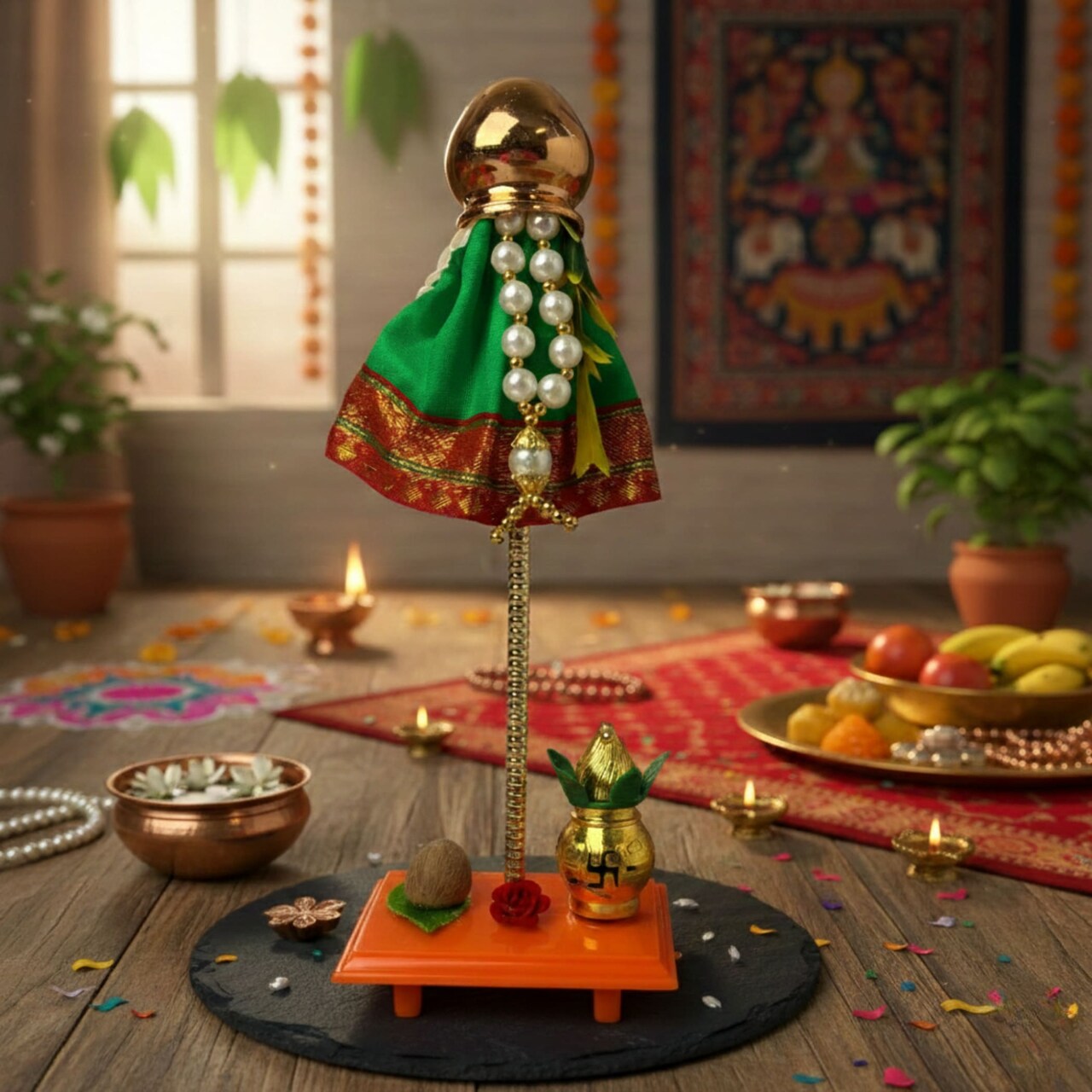 Readymade Mini Gudi Padwa (9inch) Decoration for Home | Traditional Gudi Showpiece with Plastic Gathi Mala - Maharashtrian New Year Gift